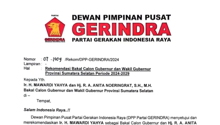 Resmi !!! Gerindra Usung Mawardi Yahya dan Anita Noeringhati untuk Pilgub Sumsel 2024-2029