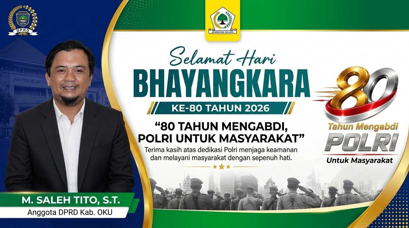 Banner HUT Bhayangkara ke 80 M Saleh Tito Anggota DPRD OKU