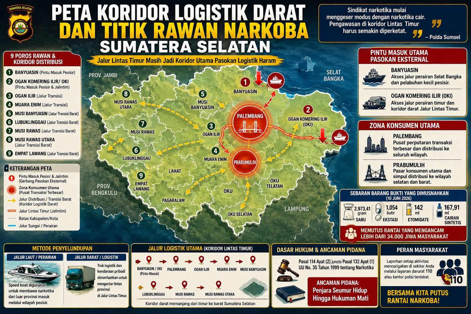 Infografis: Peta Koridor Logistik Darat dan Titik Rawan Narkoba Sumatera Selatan